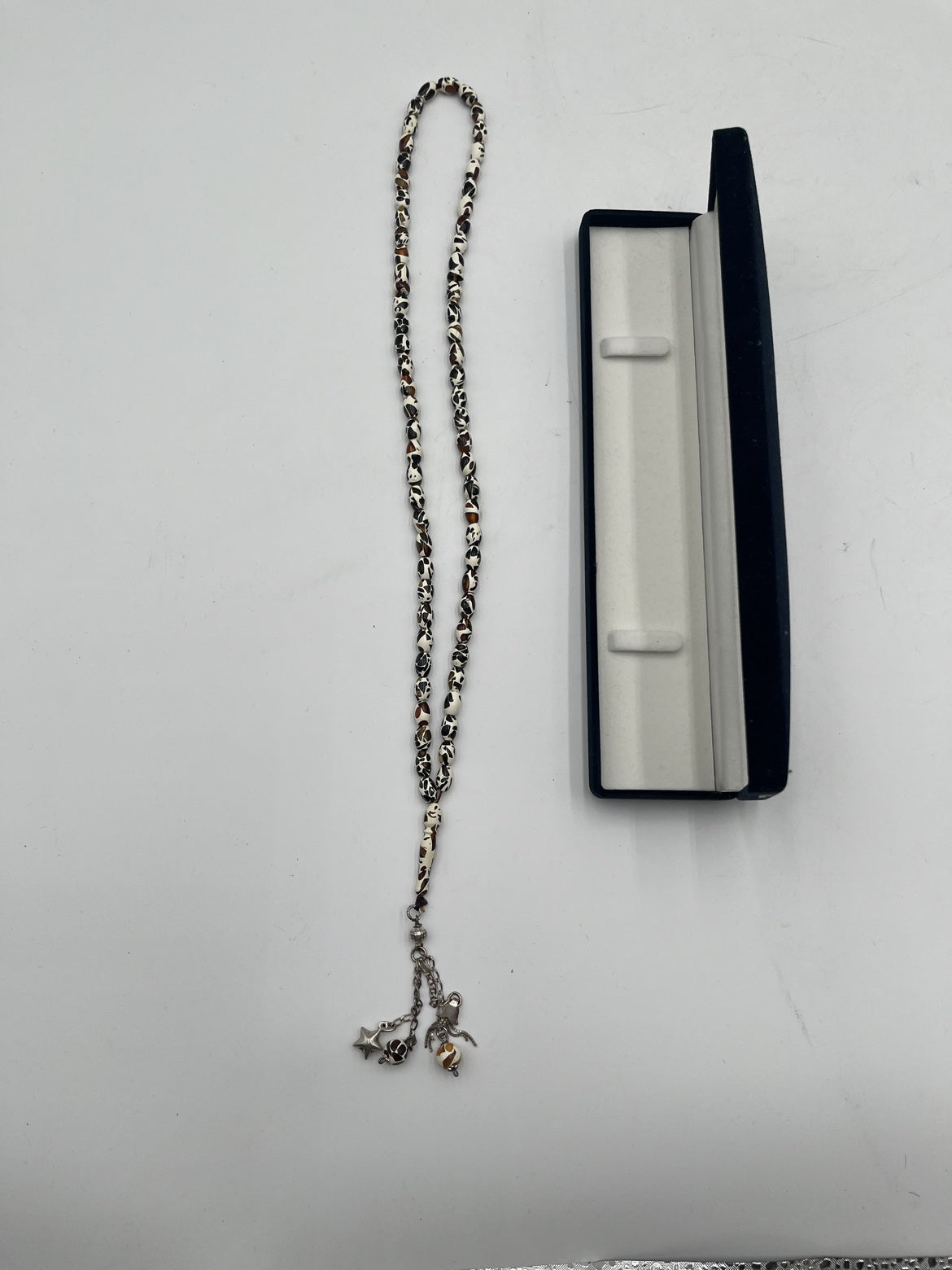 Beaded Necklace White Brown Pattern Star Charms Gift Box Jewelry