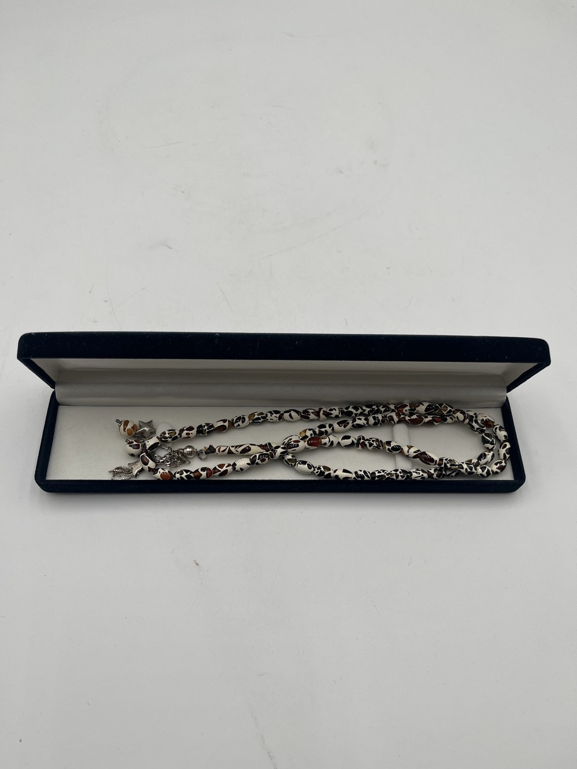 Beaded Necklace White Brown Pattern Star Charms Gift Box Jewelry