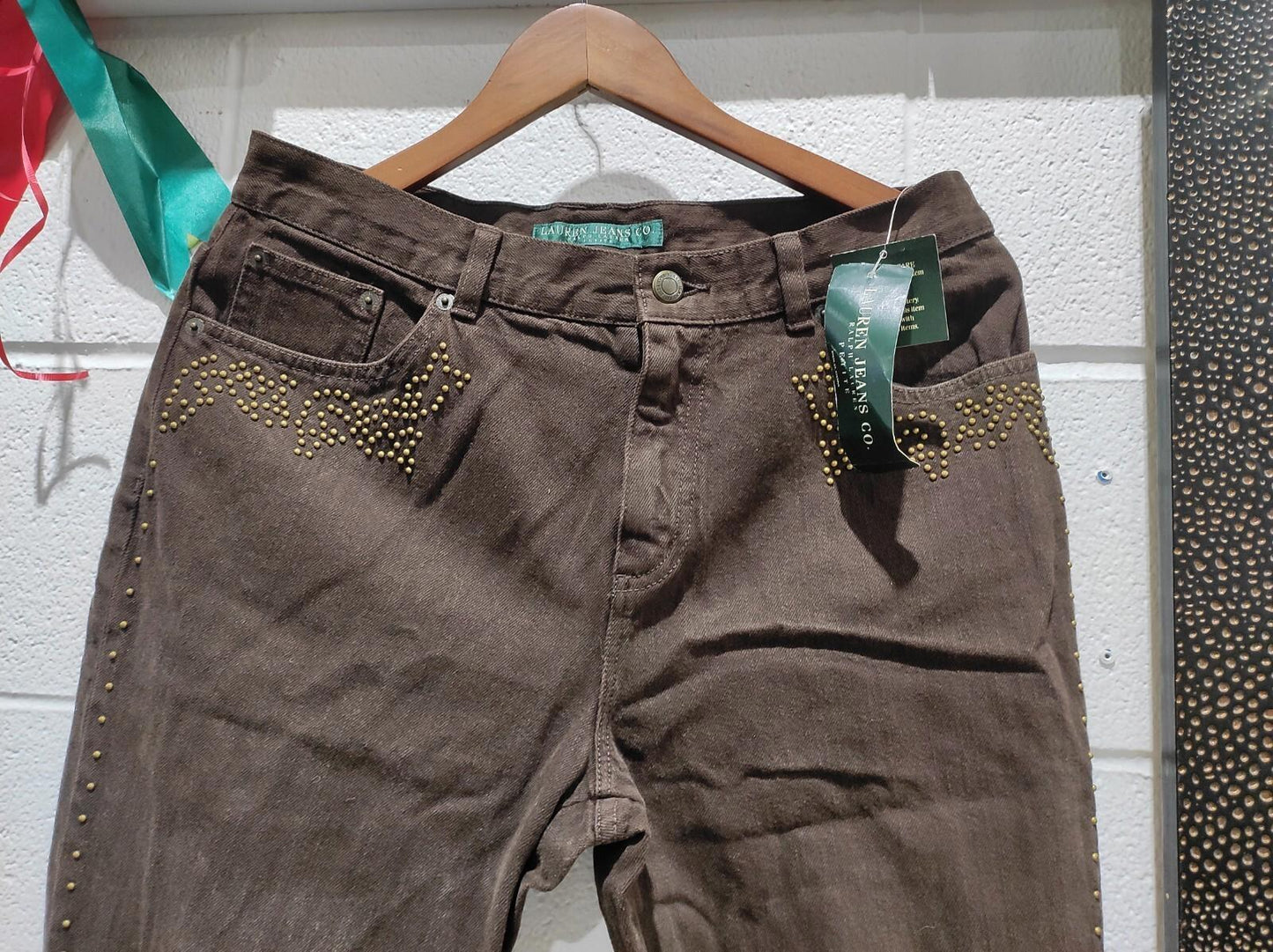 NWT Vintage Ralph Lauren Women's Size 10p Brown Beaded Curvy Bootcut Denim Jeans