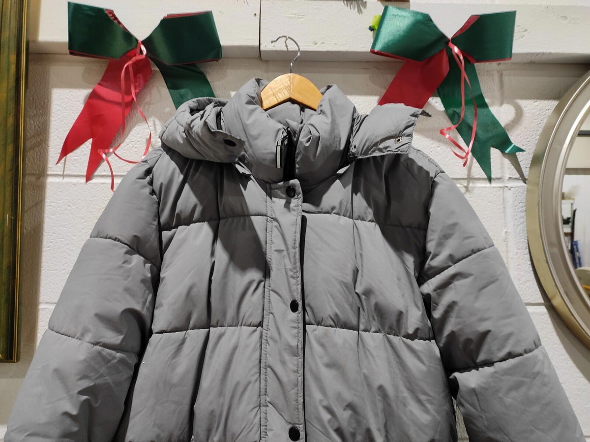 George Grey Hooded Pockets Long Sleeves Puffer Coat Jacket Size-XL