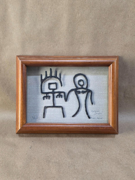 Vintage Hawaii Petrogylph Hawaiian Couple Wedding Koa Wood Framed Art