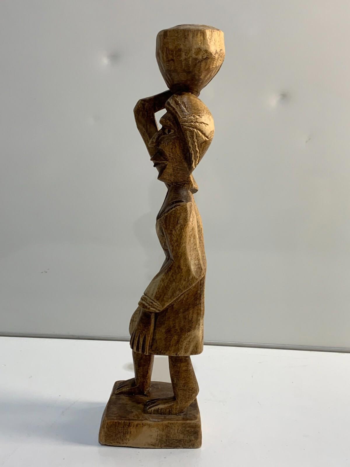 Hand Carved Wood Haitian or African Woman. Figurine with Basket