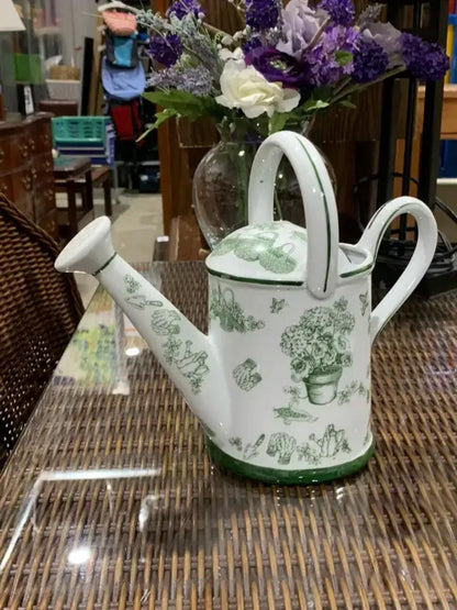 Decorative Ceramic Watering Can with green floral pattern