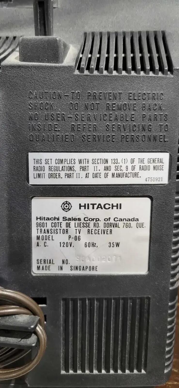 Hitachi P-06 IC Transistor Television 12"