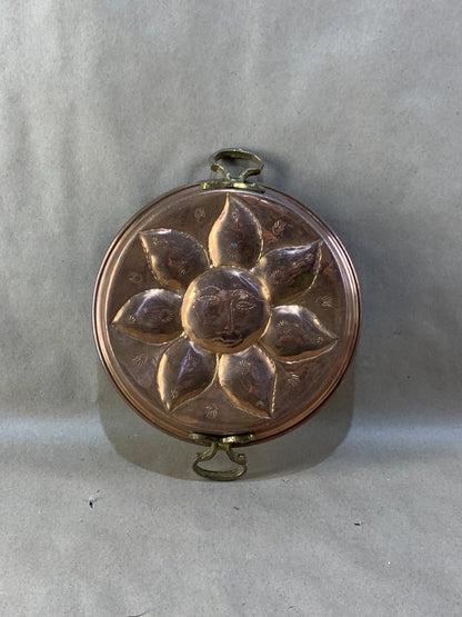 Antique Vintage Copper Mold Tin Lined  Brass Handles Sunshine Design Hand Forged