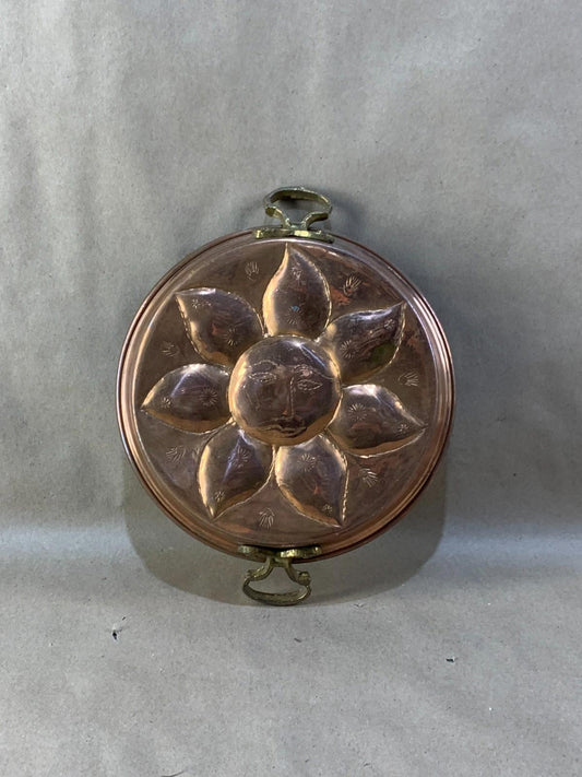 Antique Vintage Copper Mold Tin Lined  Brass Handles Sunshine Design Hand Forged