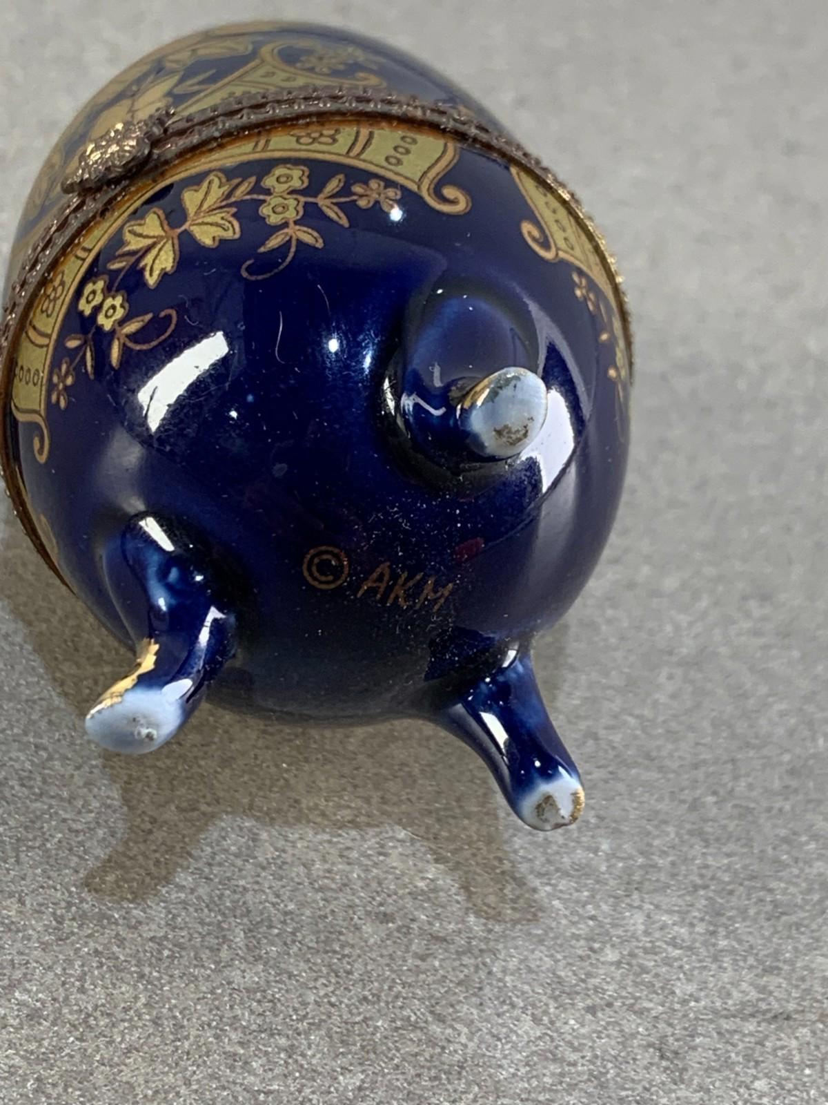 Floral AKM Vintage Porcelain Blue Egg Footed Trinket Box