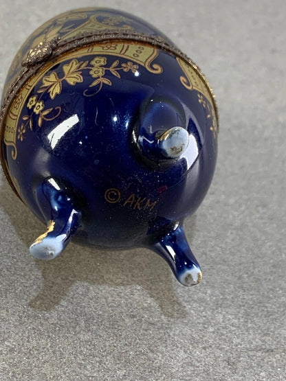 Floral AKM Vintage Porcelain Blue Egg Footed Trinket Box