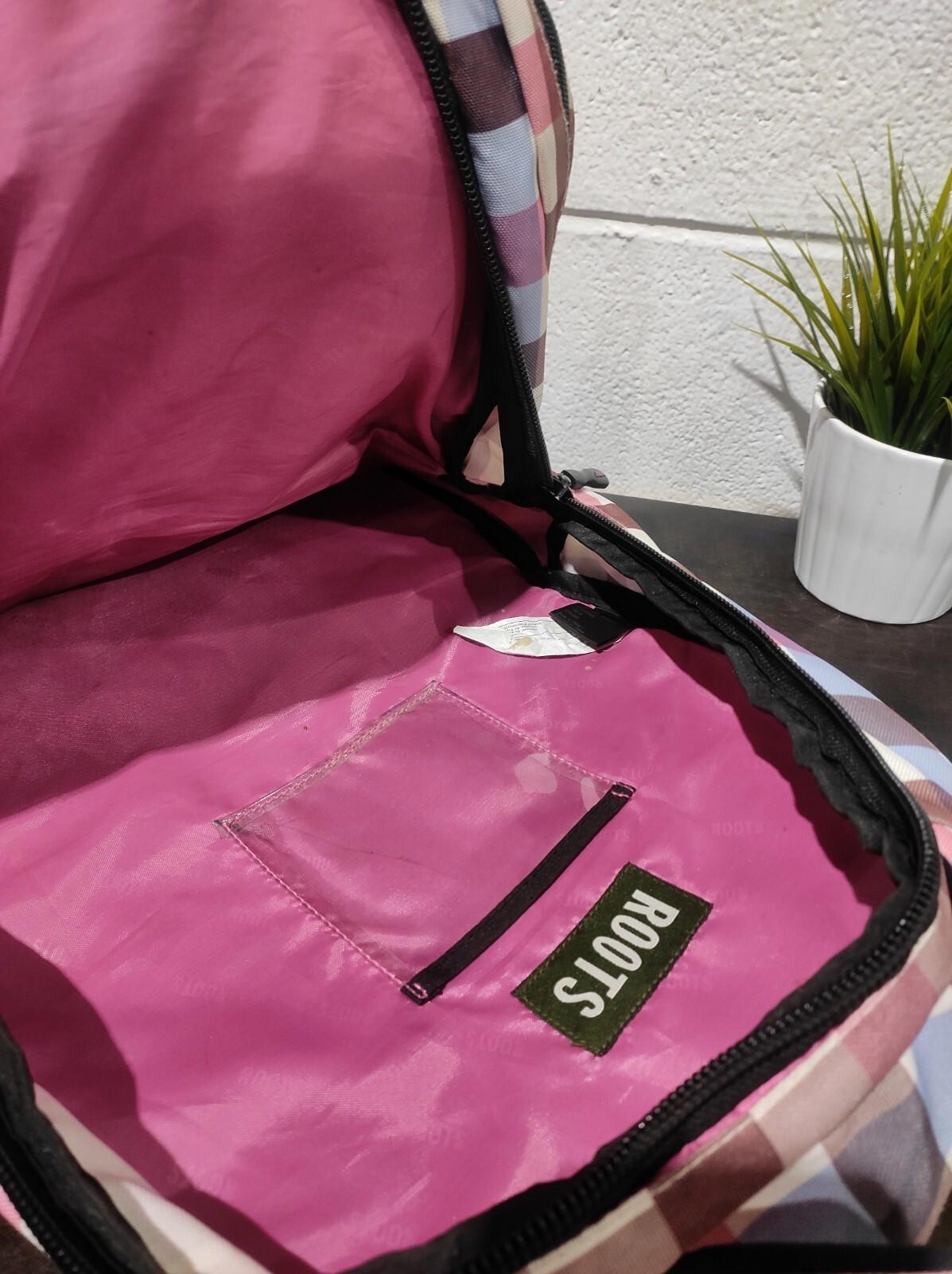 Roots Backpack Book Bag Plaid Pink Gray Black Pockets Zipped Beaver Bags