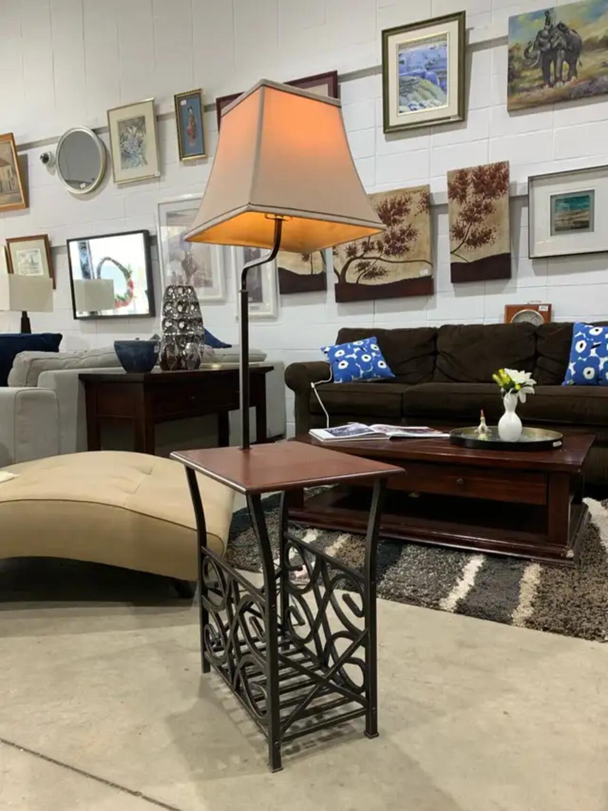 Side Table with Lamp and Metal Magazine Rack