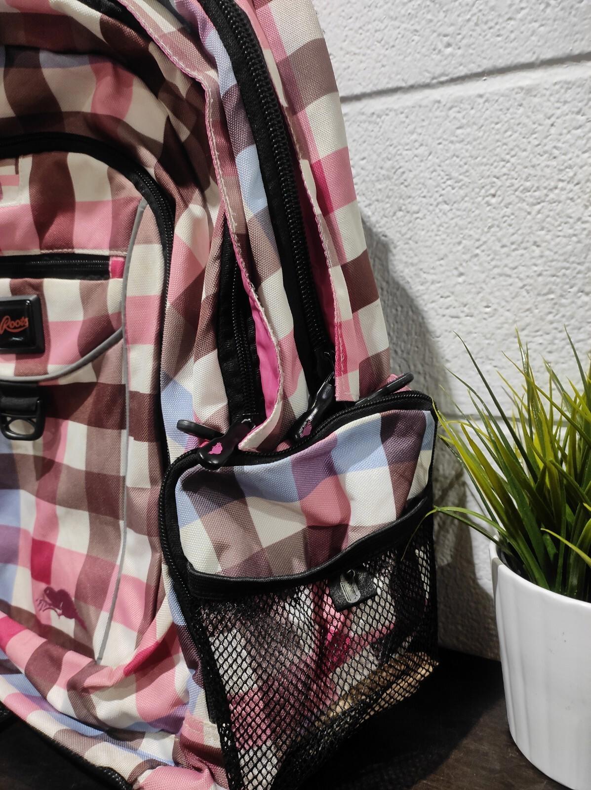 Roots Backpack Book Bag Plaid Pink Gray Black Pockets Zipped Beaver Bags