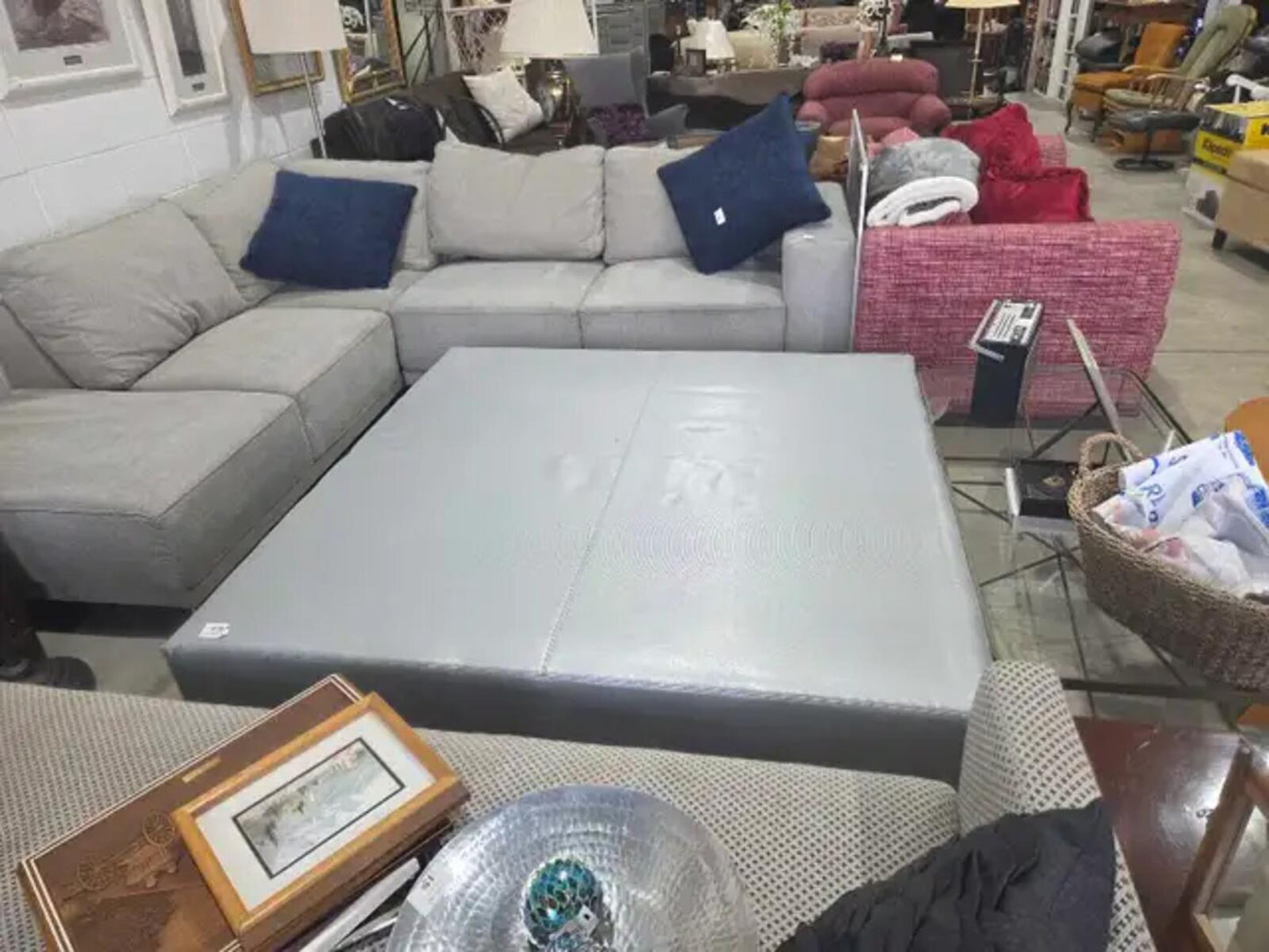Extra Large Silver Leather Ottoman - 5x5ft
