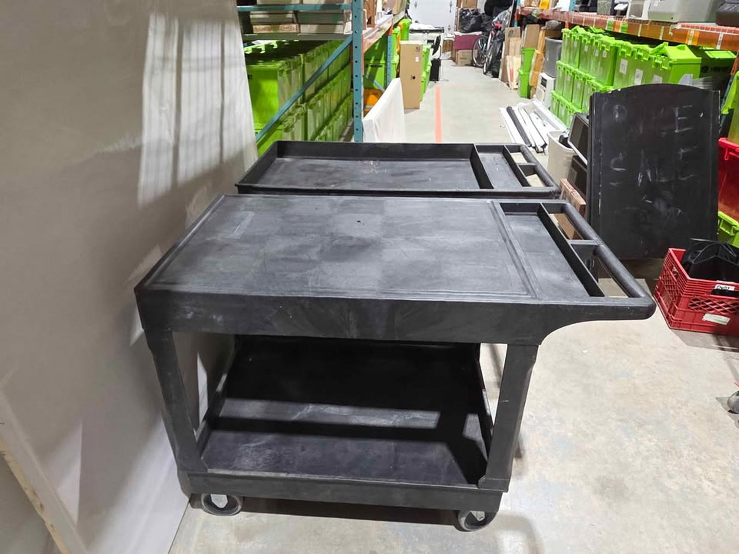 ULINE black 2-shelf utility carts on wheels
