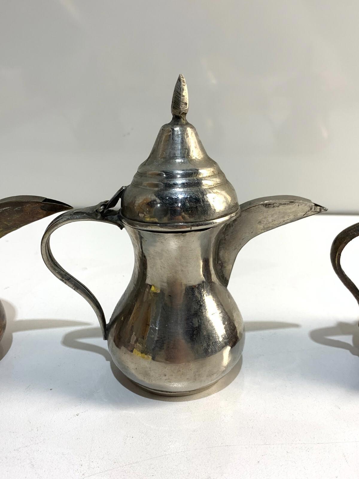 Lot of 3 Dallah Arabic Middle Eastern Antique Silver Plate Tea Coffee Pot Qahwa