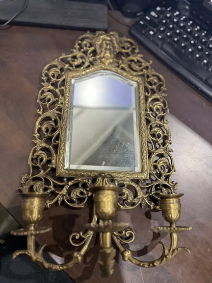 Vintage Brass Mirror With Candleholder