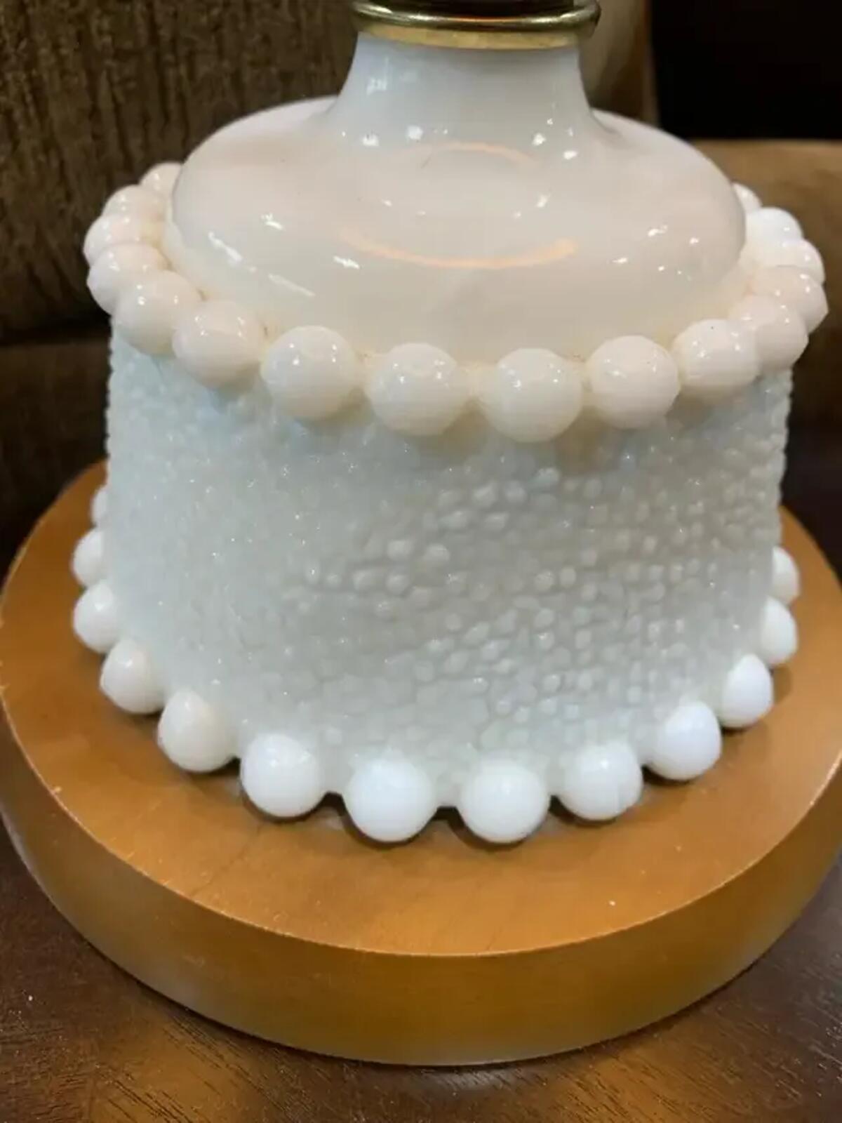 Vintage Hobnail Milk Glass Table Lamp with Wood base and accents