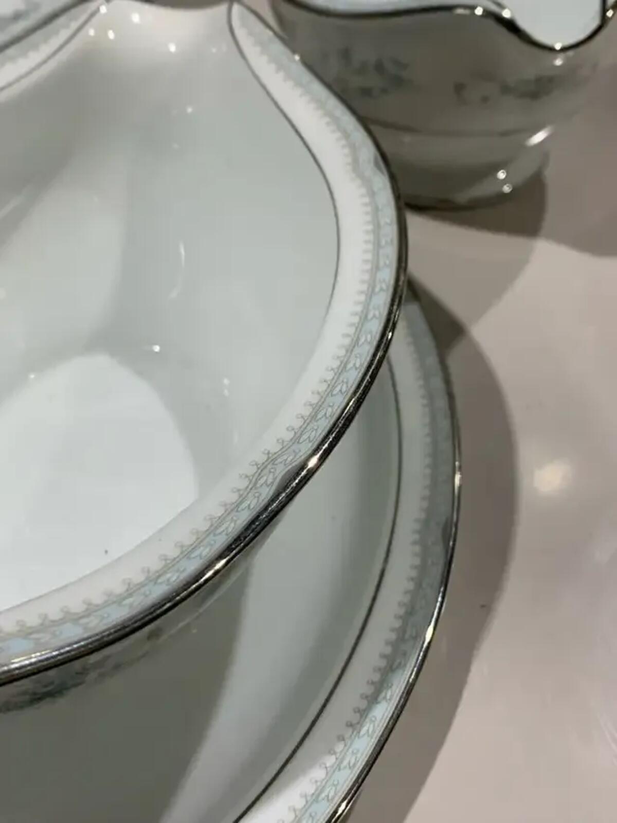 Beautiful 35 piece Blue Floral and Silver China Dinnerware Set