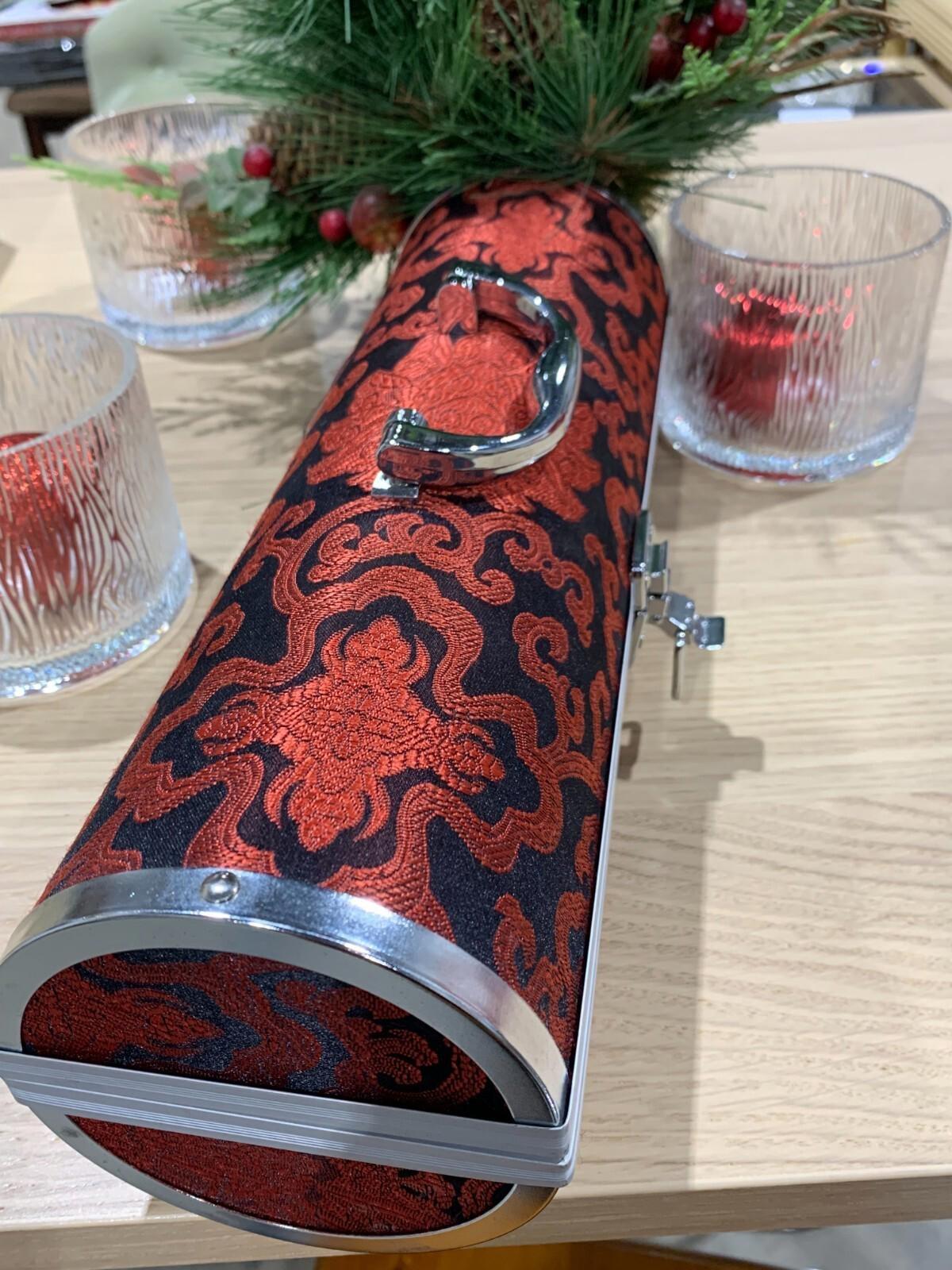 Wine Purse Carrier Cylinder Silver Handle Silver Feet Hostess Gift