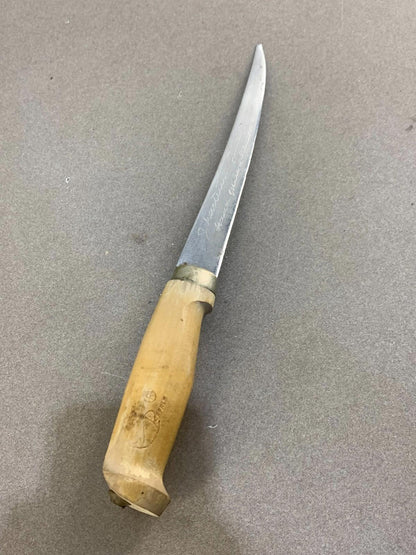 Signed J. Marttiini Finland Hand Ground Stainless Fillet Knife w/Leather Sheath