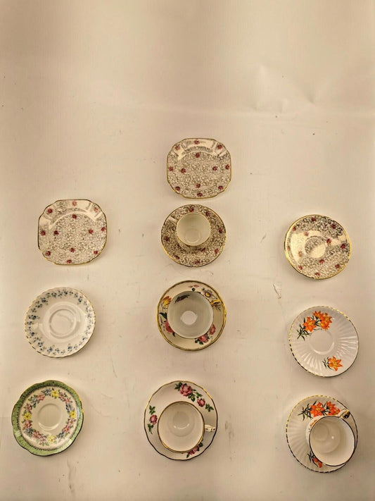 Assorted bone china set 4 cups and 10 saucers. Made in England/Japan/China