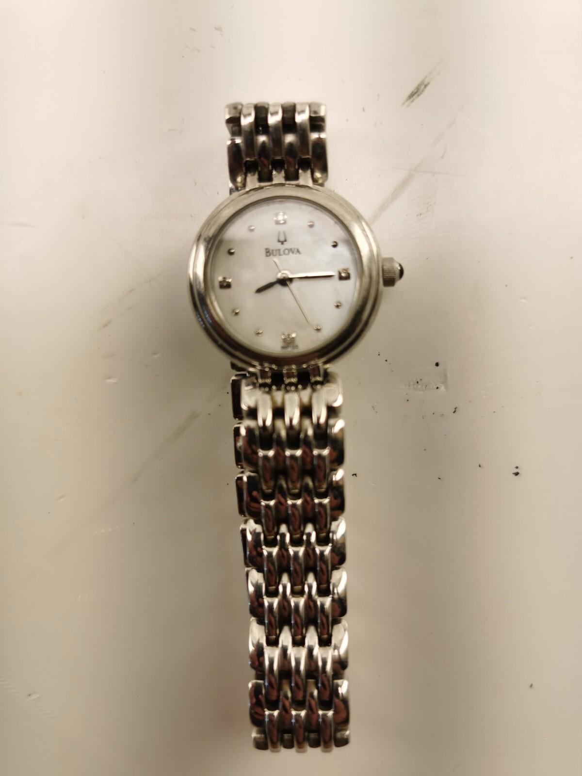 Ladies Bulova 96P122 Diamond Petite Watch, Mother-of-Pearl Dial, Silvertone