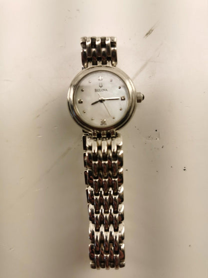 Ladies Bulova 96P122 Diamond Petite Watch, Mother-of-Pearl Dial, Silvertone