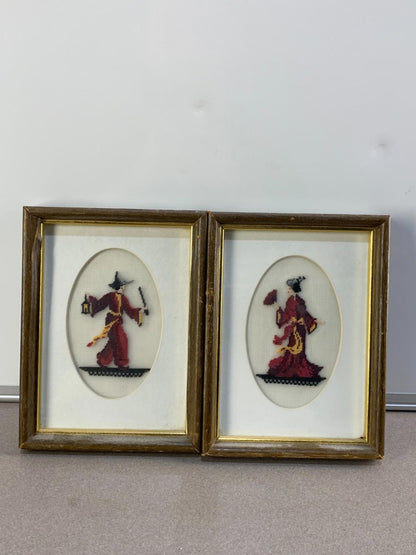 VINTAGE HANDMADE PAIR NEEDLE POINT ART ASIAN MAN AND LADY IN FRAMES