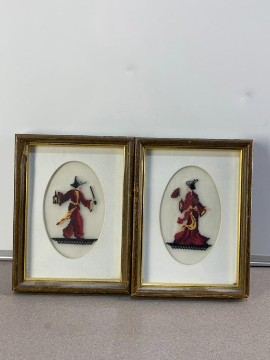 VINTAGE HANDMADE PAIR NEEDLE POINT ART ASIAN MAN AND LADY IN FRAMES