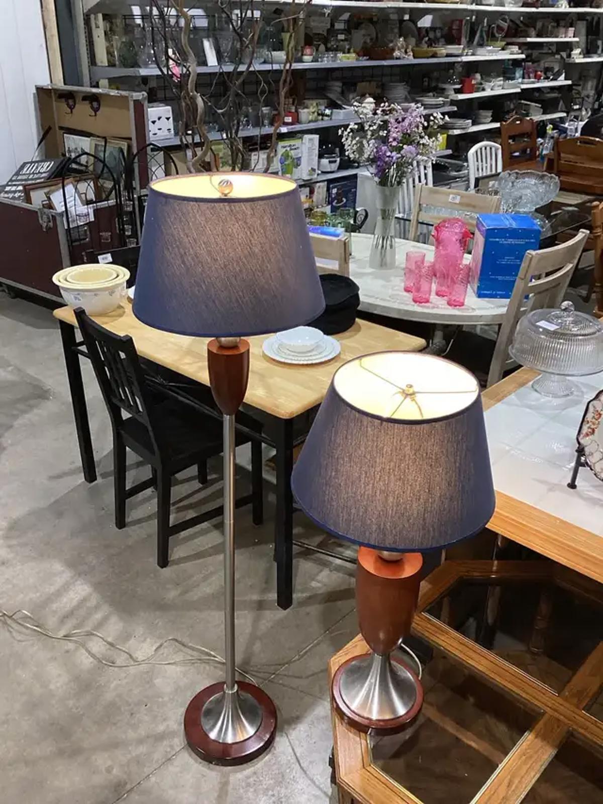 Vintage Lamp Pair with Blue Shades
