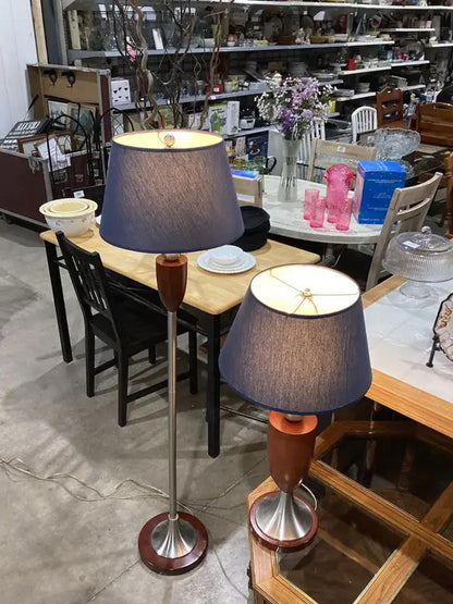 Vintage Lamp Pair with Blue Shades