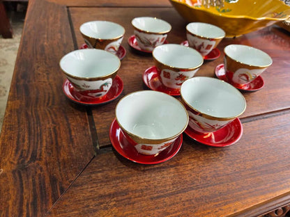 Set of 8 Asian Dragon Design Tea Cups w/ Red Saucers