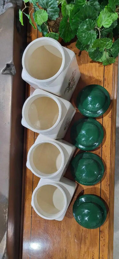 Floral Ceramic Canisters with Green Lids - Set of 4