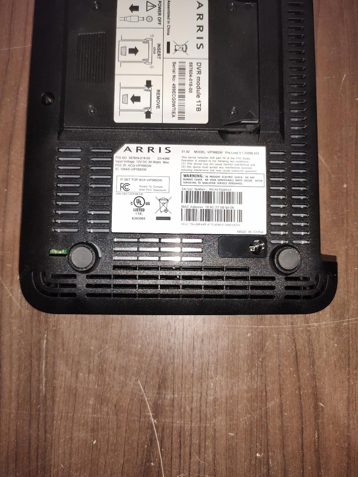 Good Condition ARRIS 1TB DVR Model VIP5662W Optik TV 4K PVR Black Untested