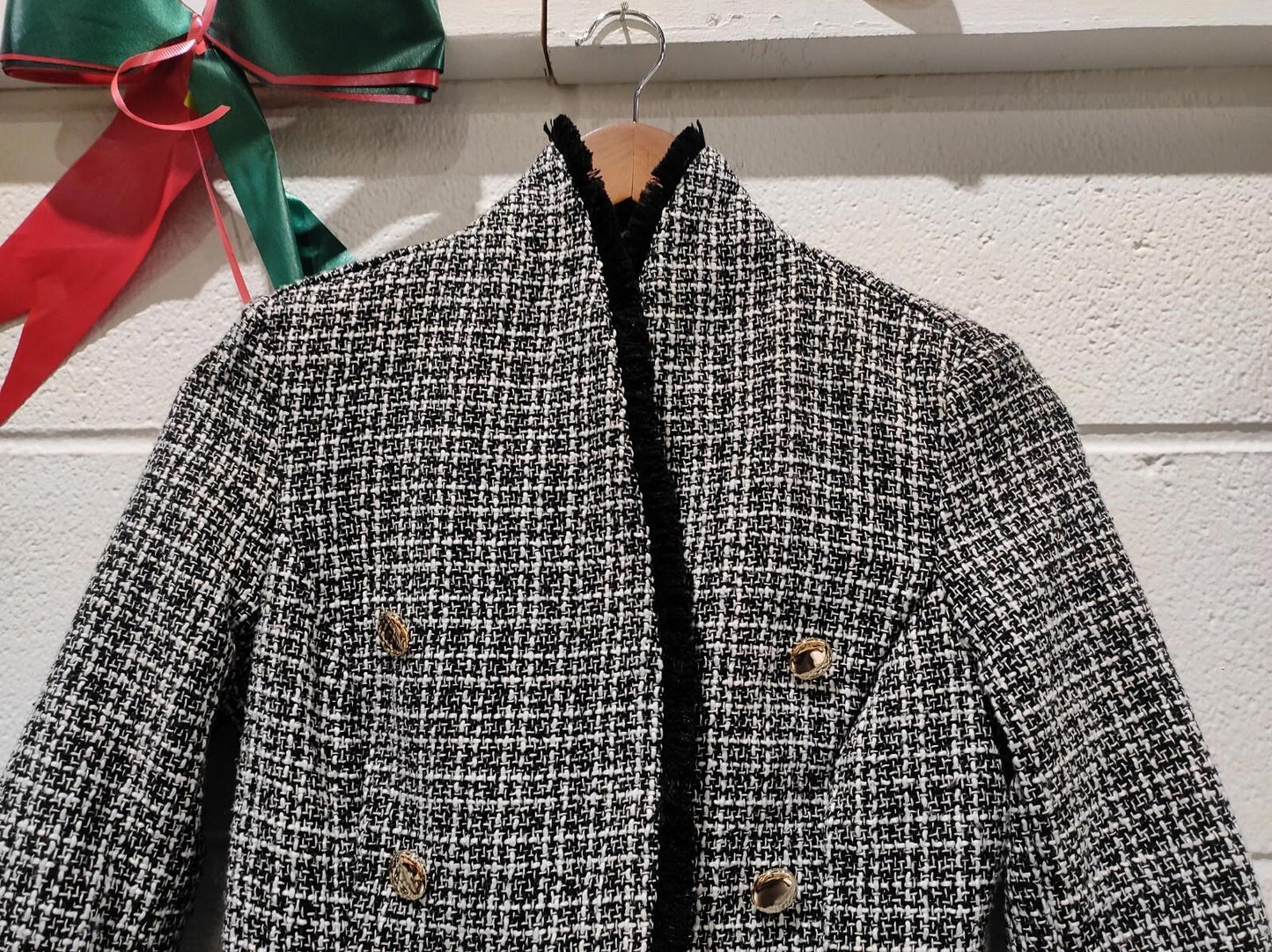 SHEIN Tall Plaid Pattern Double Breasted Tweed Blazer Size- S