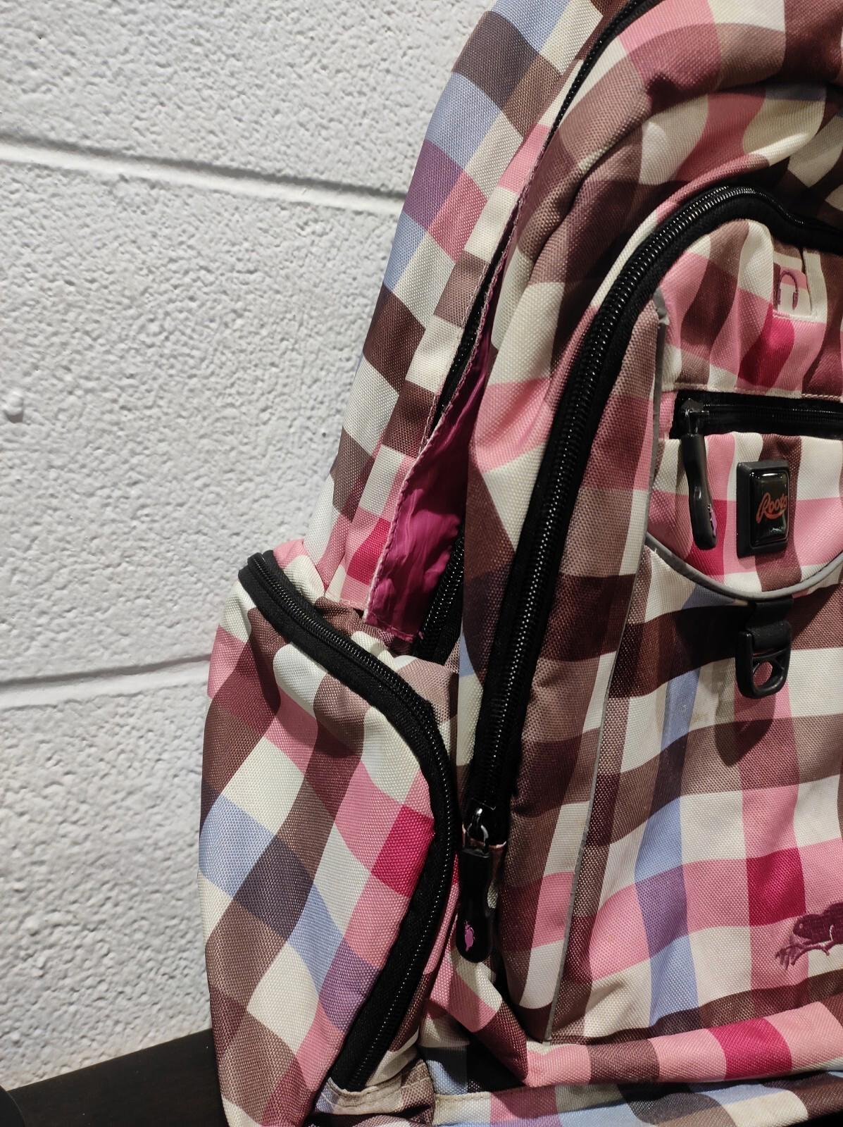 Roots Backpack Book Bag Plaid Pink Gray Black Pockets Zipped Beaver Bags