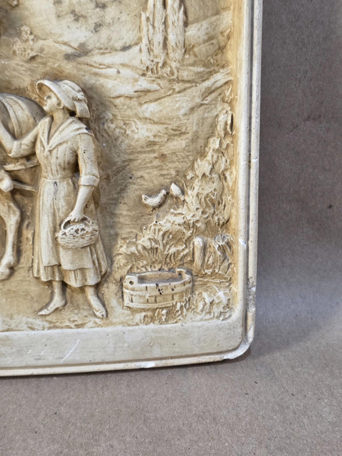 Vintage French Bas-Relief Wall Plaque “Départ pour les champs” Chalkware France
