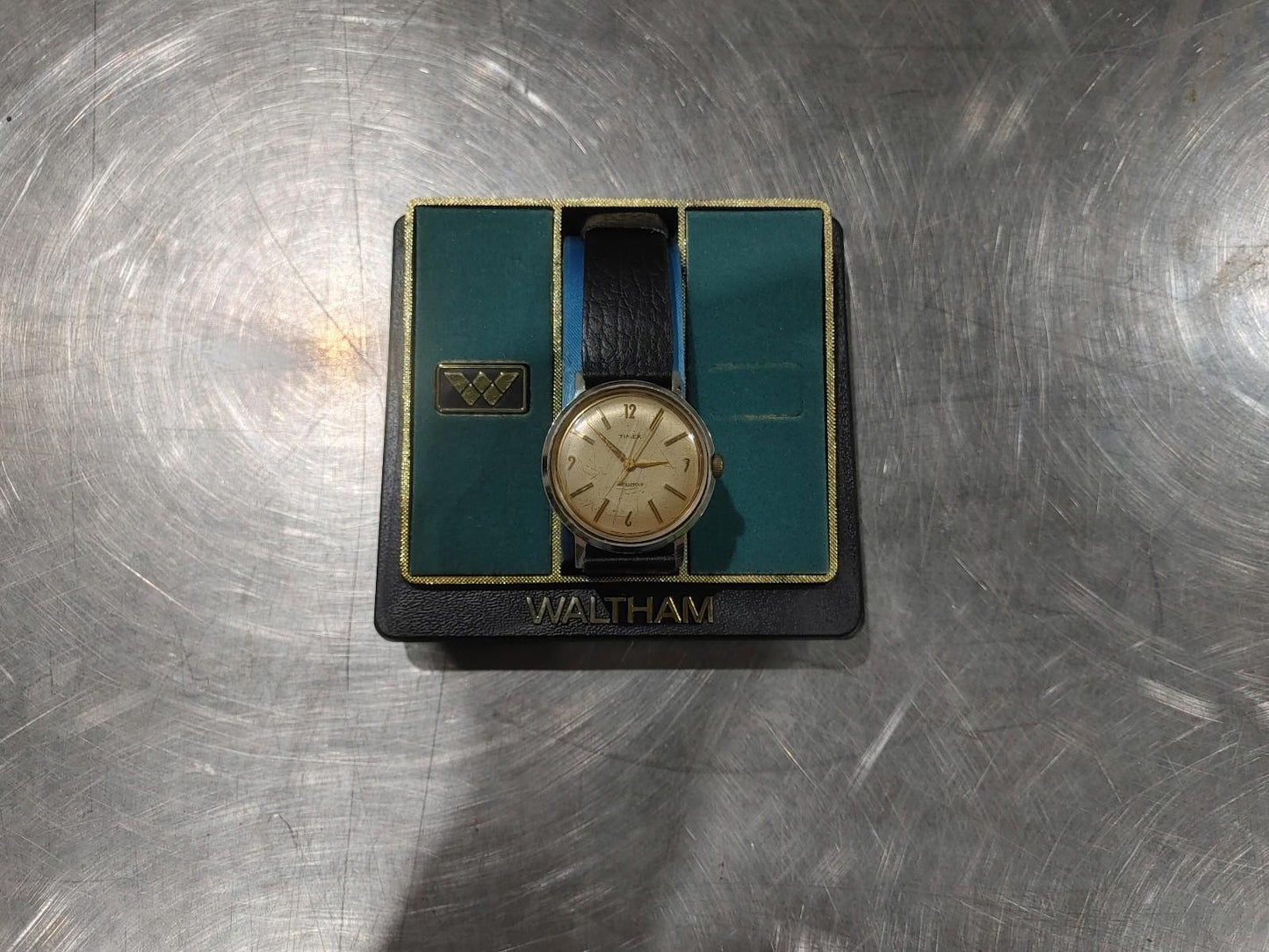 Good Condition Waltham Timex Watch Black Gold w/ Case Needs Battery