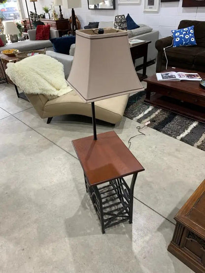 Side Table with Lamp and Metal Magazine Rack