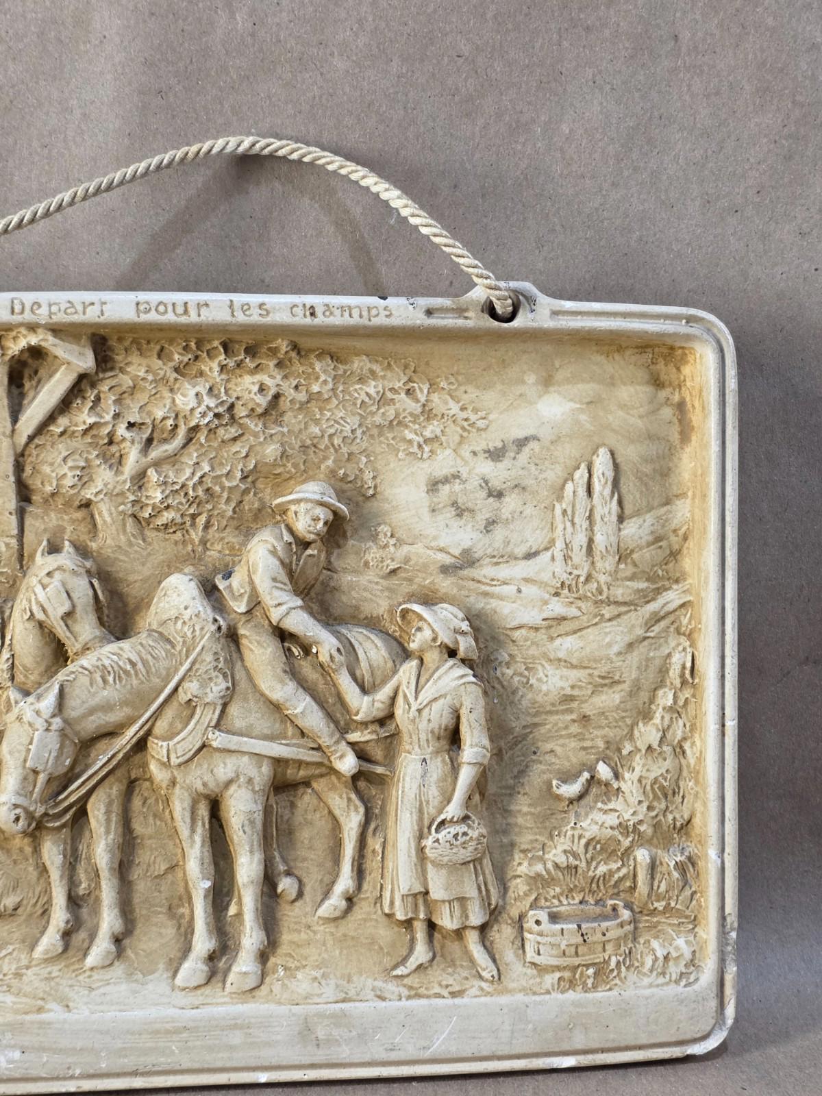 Vintage French Bas-Relief Wall Plaque “Départ pour les champs” Chalkware France