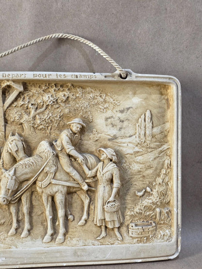 Vintage French Bas-Relief Wall Plaque “Départ pour les champs” Chalkware France
