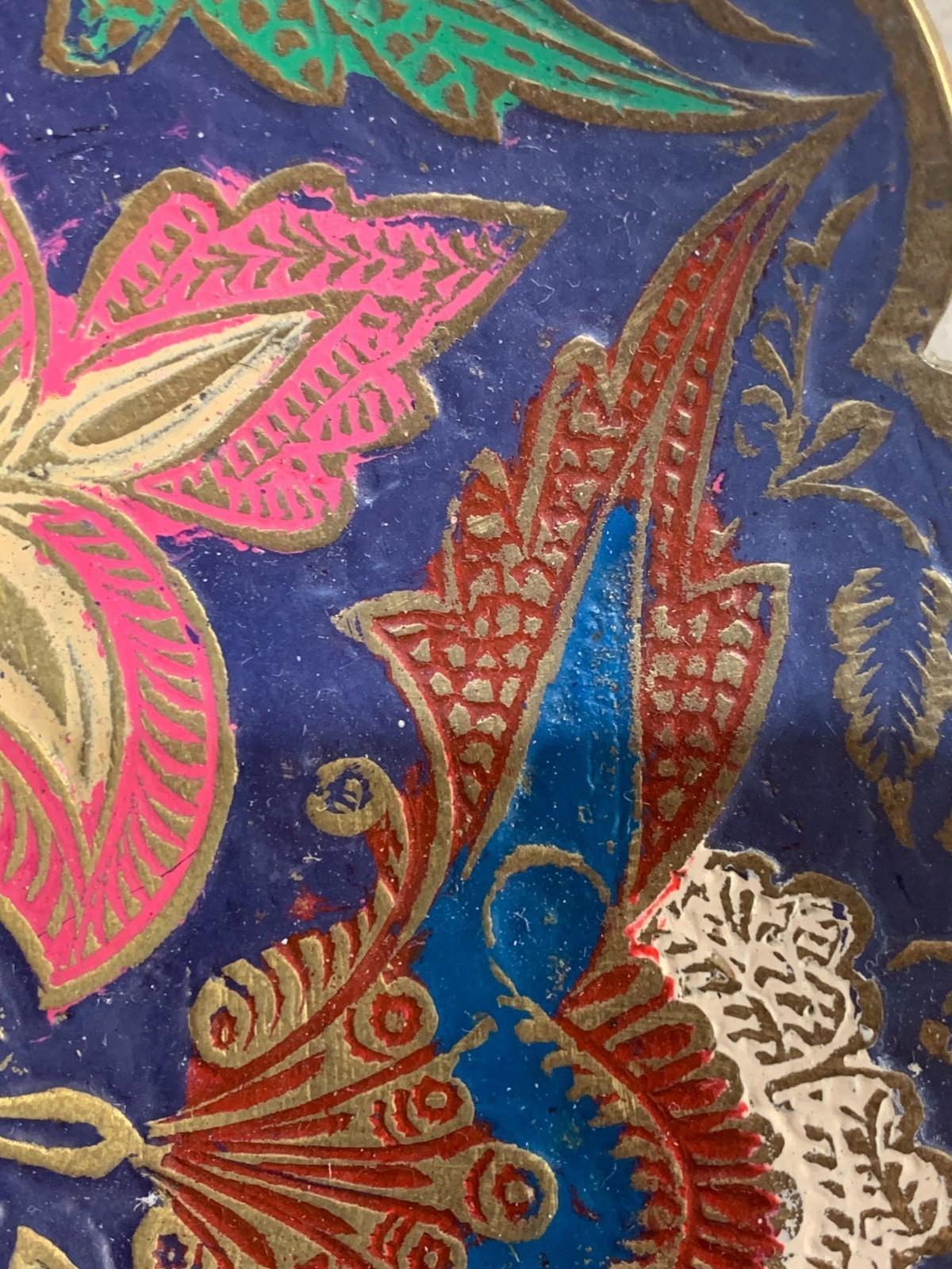 Antique hand engraved colored bowl brass metal and enamel
