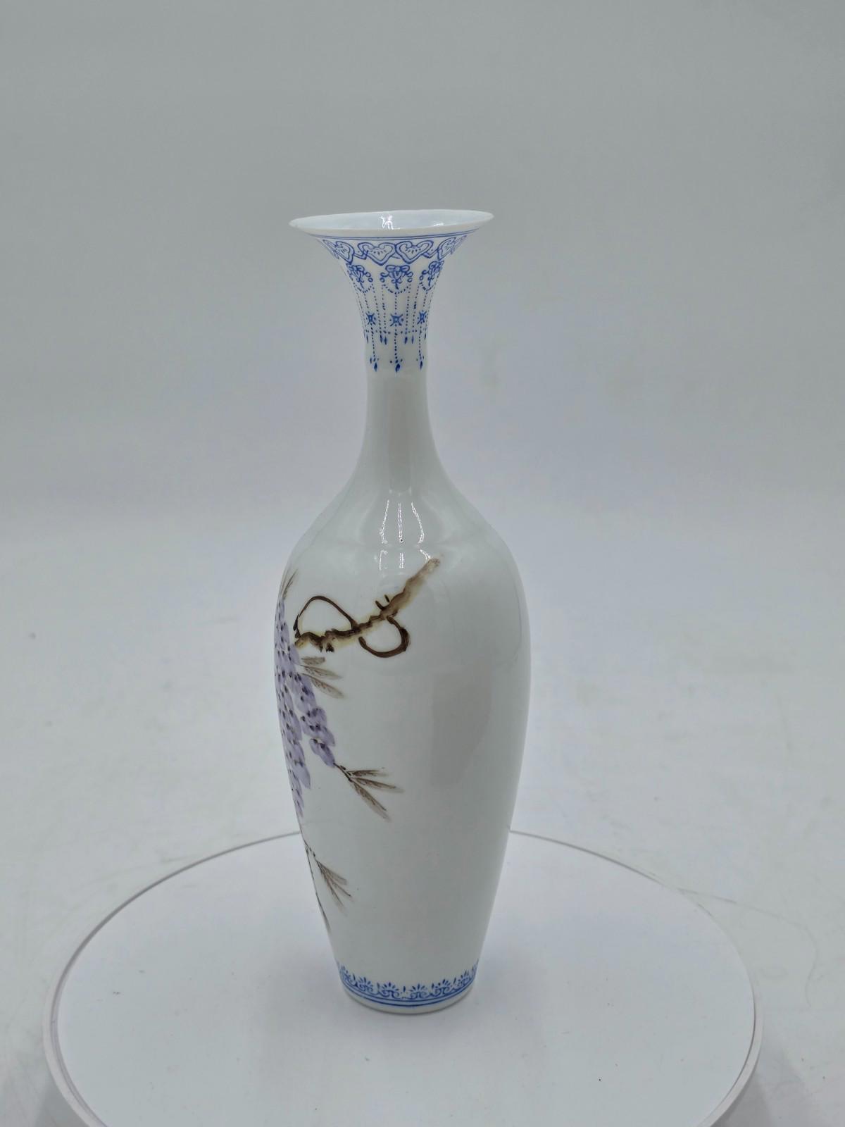 Chinese Eggshell Porcelain Vase Birds Flowers Calligraphy With Box