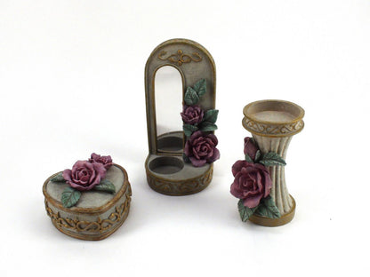 Cherison, Betty Singer "Victorian Rose" Vanity Jewelry Box 3 Piece Ceramic Set