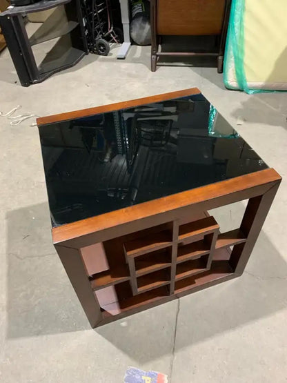 Wooden Black Glass Top End Table with geometric design