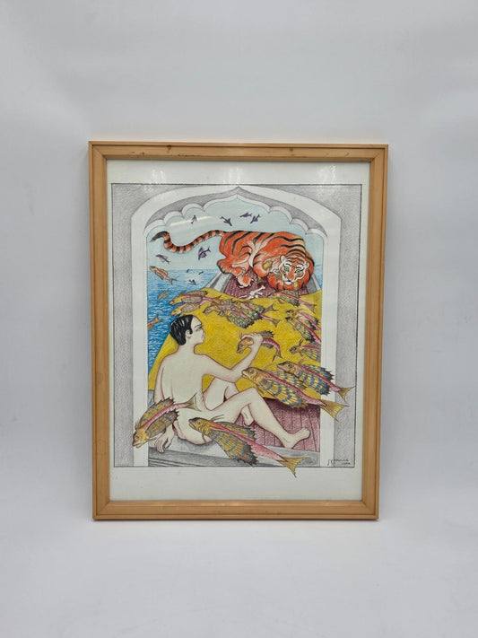 Original Indian Painting Handmade Artwork Man Fish Tiger Scene Folk Art