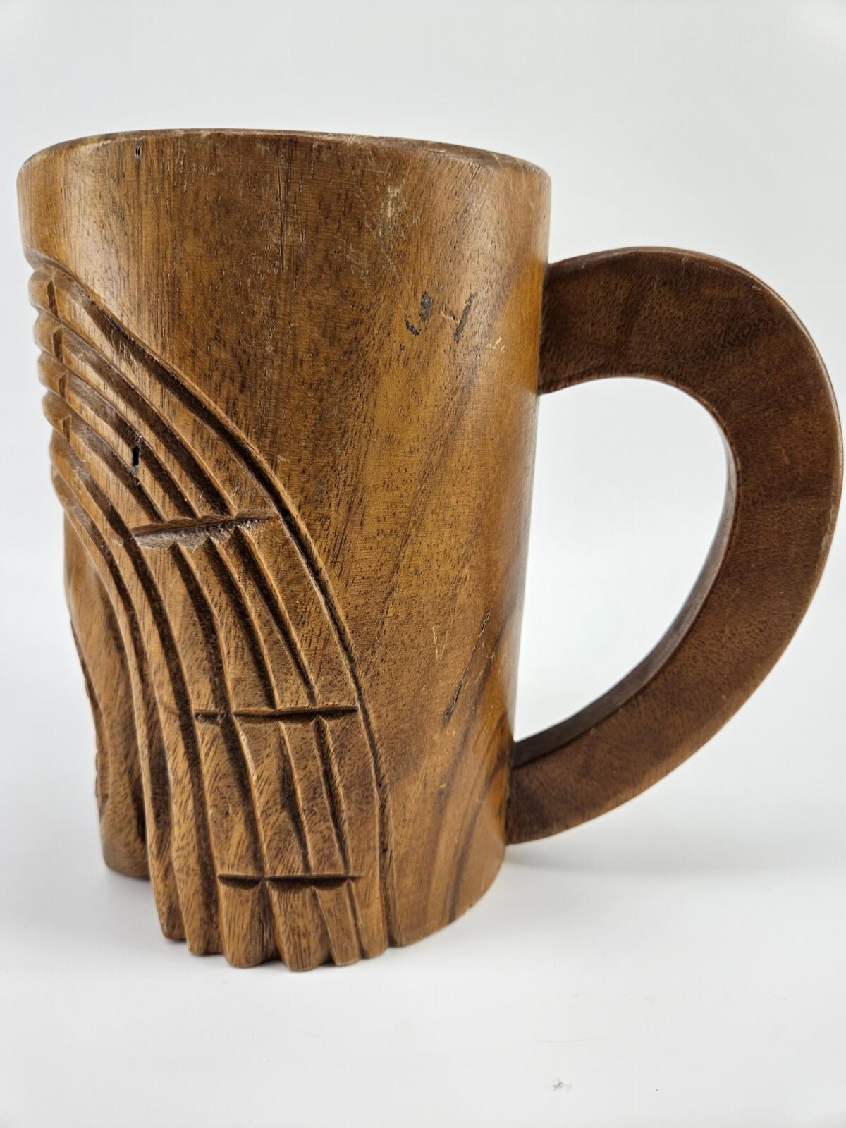 Tiki Hand Carved Wood Tankard Stein 8"
