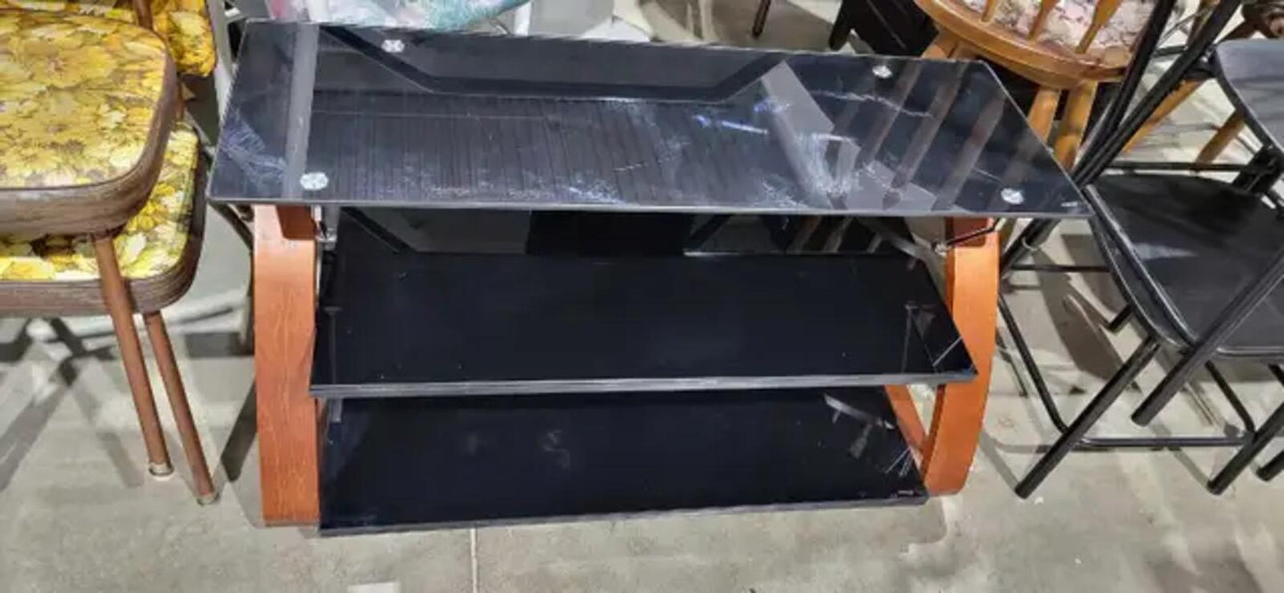 Tempered Black Glass Console Table with Wood Accents