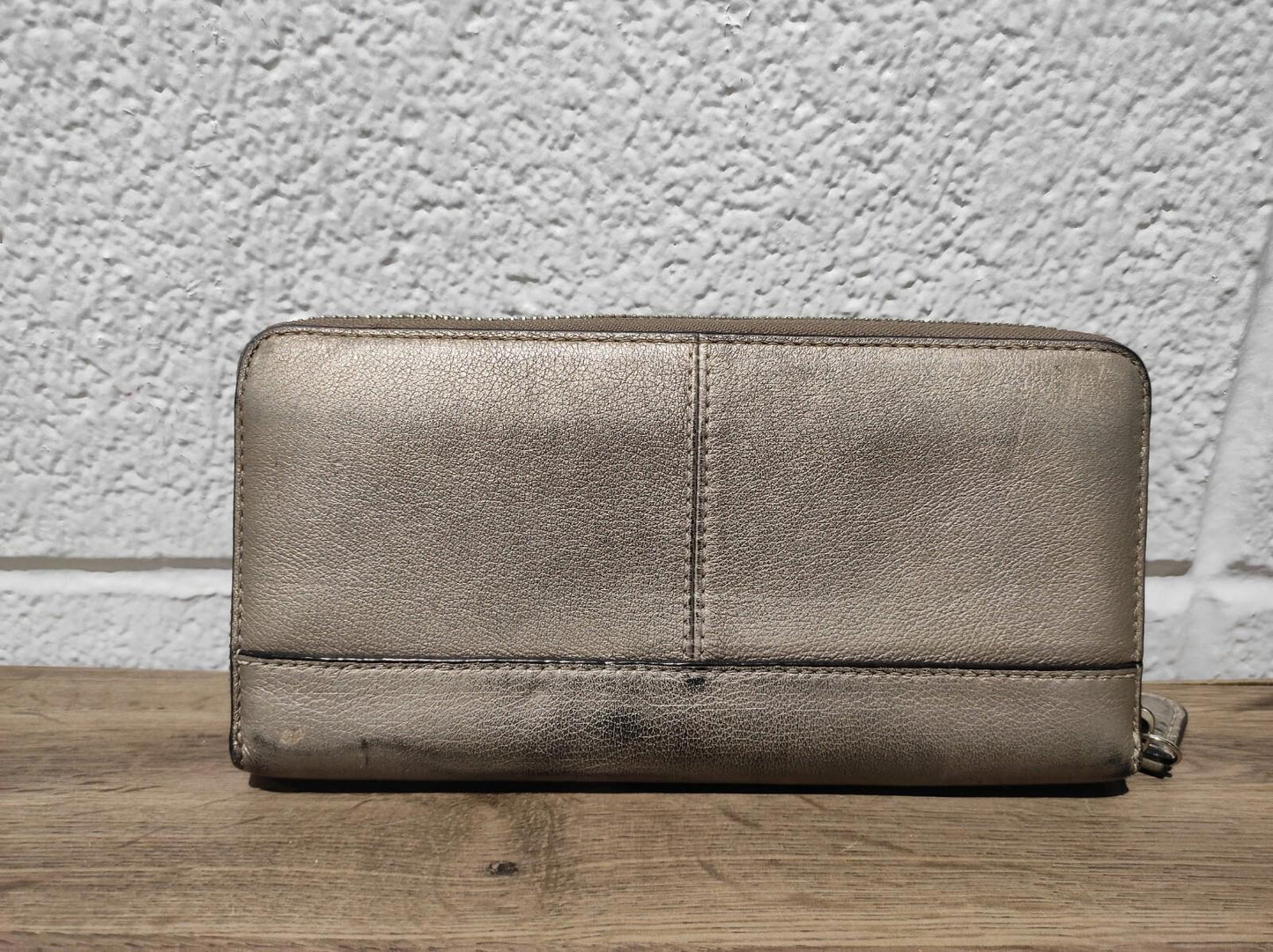 Coach Park Silver Gold Pebbled Leather Accordion Zip Around Wallet Clutch