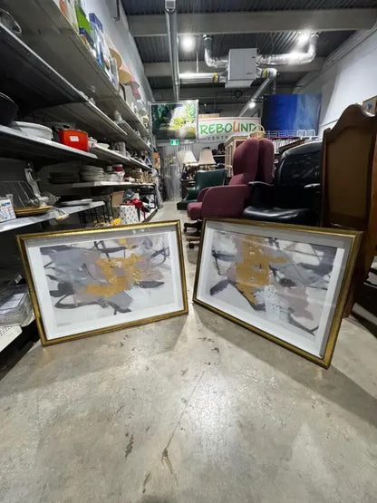 Set of 2 Framed Abstart Gold and Grey Art