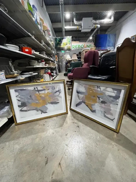 Set of 2 Framed Abstart Gold and Grey Art